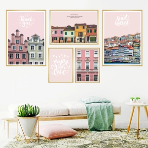Nordic Pink Architecture Wall Stickers Set 5 Pieces PVC Waterproof Self-Adhesive Mural For Living Room Bedroom Wall Decor
