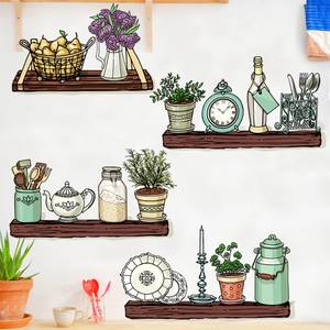 Artistieke bloemen muurstickers met handgetekende keuken- en botanische elementen