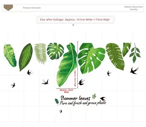 Detailed dimensions of tropical green leaf wall stickers with monstera and palm patterns