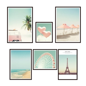 6-piece wall art set with pink aesthetic landscapes and minimalist black frames
