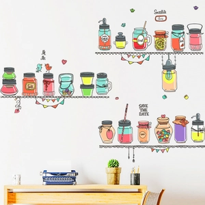Removable PVC Wall Sticker Cartoon Glass Jars Juice Smoothie Hand Drawn Kitchen Dining Room Waterproof Decorative Decal