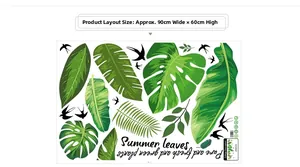 Macro layout of 90x60cm tropical leaf wall decals featuring monstera leaves and birds