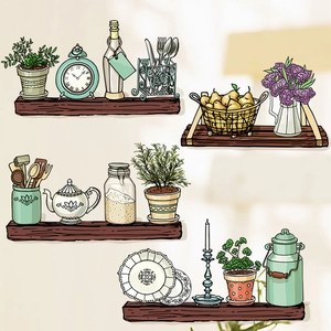 Handgeschilderde muurstickers met bloemen en keukengerei op rustieke houten planken