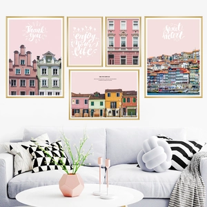5-piece Nordic wall art set with European architecture and pink motivational quotes