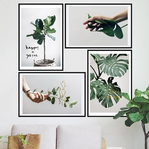 Lot de 4 tableaux muraux plantes vertes de style nordique avec cadres noirs