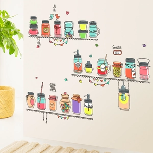 Creative self-adhesive kitchen wall sticker featuring cups and shelves in warm style