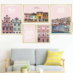 Modern 5-piece pink European architecture wall art set with gold frames for living room