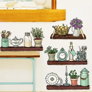 Artistieke handbeschilderde keuken muurstickers met theepot en planten decoratie