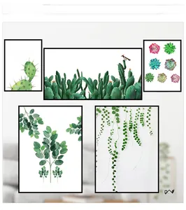 Detail of Nordic style watercolor cactus and succulent wall stickers with green leaf designs