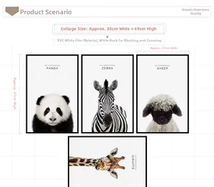 Detailed view of four self-adhesive PVC animal wall stickers with size measurements