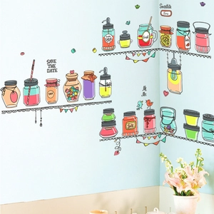 Creative wall stickers with colorful hand-painted jars and birds for kitchen wall decor
