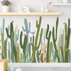 Adesivi Murali in PVC Piante Verdi Cactus Stile Nordico Con Motivo Gatto E Uccelli Decalcomania Decorativa Impermeabile
