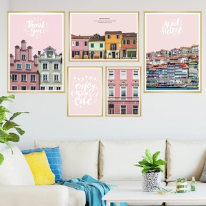 5-piece pink European architecture wall art set with gold frames for living room decor