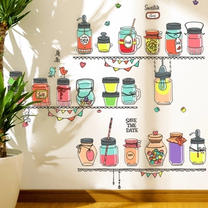 Removable wall stickers featuring hand-painted cups and shelves for creative kitchen decoration