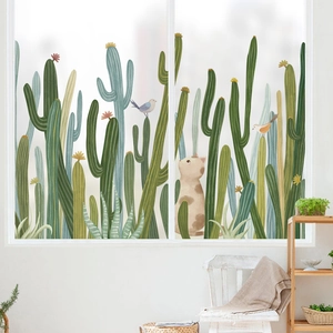 Adesivo murale nordico con cactus verdi, uccelli e un gatto carino per decorazione casa