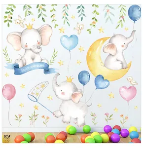 Detail of watercolor small elephant wall decals with balloons and stars for nursery decor