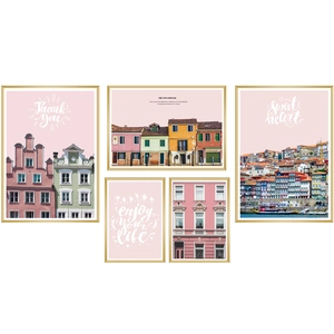 Set of 5 pink architectural wall art prints with brushed gold frames and artistic quotes