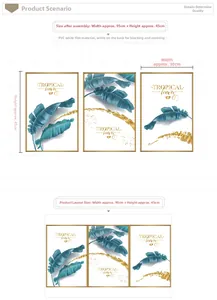 Three-panel tropical leaf PVC wall stickers with blue leaves and gold art strokes