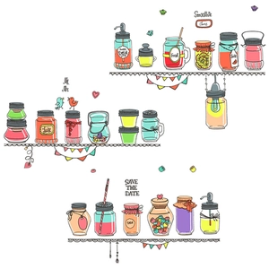 Creative self-adhesive smoothie jar wall stickers with colorful hand-drawn mason jars
