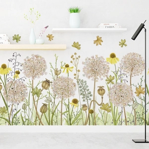 Self-adhesive botanical wall stickers featuring purple flowers and sunflowers for home decor