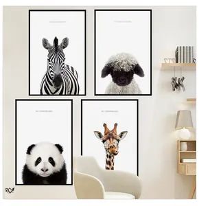 Minimalist animal wall art set featuring zebra, sheep, panda, and giraffe portraits