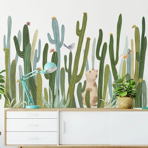 Adesivi murali cactus nordici con gatto e uccelli per decorazione battiscopa di casa