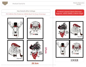 Détail de stickers muraux PVC avec animaux et spécifications de mise en page 60x90cm