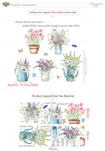 Detail of floral wall stickers set showing layout dimensions and potted plant designs