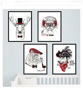 Lot de 4 stickers muraux animaux scandinaves avec cerf et bouledogue sur mur bleu