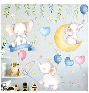 Detailed watercolor wall decals featuring baby elephants with stars and balloons