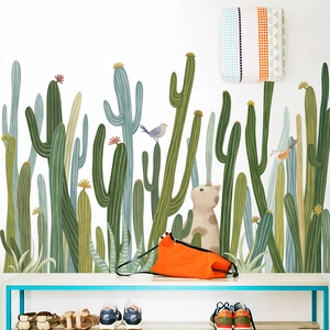 Adesivi murali cactus nordici con gatti e uccelli per decorazione fresca di angoli casa