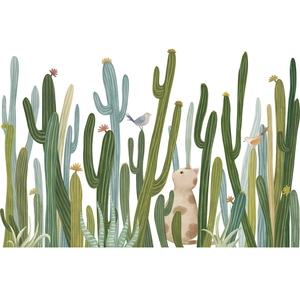 Adesivi murali cactus stile nordico con gatto e uccelli per decorazione battiscopa