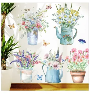 Detailed watercolor floral wall decals in pots with butterflies for living room