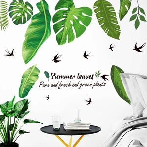 Tropical Green Leaves Wall Stickers Monstera Palm Banana Leaf Bird Removable PVC Waterproof Wall Decals For Living Room