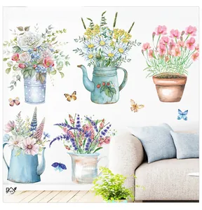 Detail of watercolor flower pot wall stickers with butterflies and motivational quote