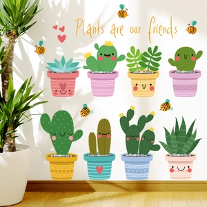 Adesivi da Parete Piante Grasse in Vaso Cartone Animato PVC Impermeabile Cactus Ape Decalcomanie per Cameretta Soggiorno