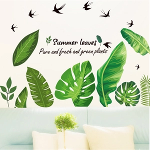 Tropical green leaves wall stickers set with monstera and swallows for home decor