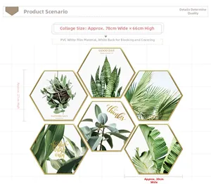 Set of 6 hexagonal PVC wall stickers featuring tropical green leaves and gold borders