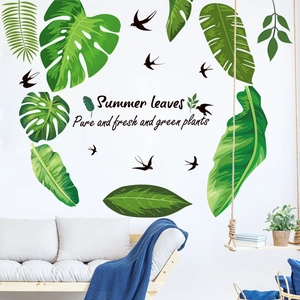 Modern tropical monstera and palm leaf wall stickers with swallows for living room decor