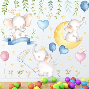 Watercolor small elephant wall stickers set with moon and stars for kids room decor