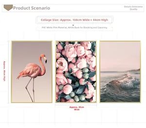 Three-piece PVC flamingo and peony wall sticker set with waterproof white film coating