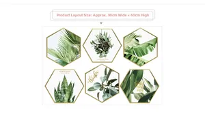 Detail of six hexagonal tropical plant wall stickers with minimalist gold borders