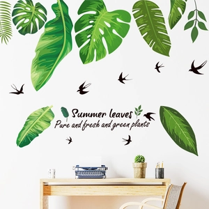 Tropical green leaves wall stickers with black swallows for Nordic living room decor