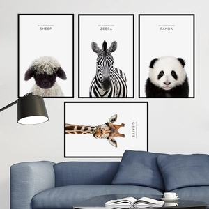 Minimalist black and white animal wall art set of four featuring sheep zebra and panda