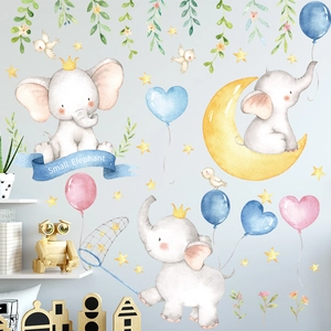 Watercolor elephant wall stickers with balloons and moon for kids room decoration