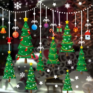 Christmas window decals set with green trees red stockings and white snowflakes