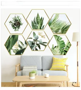Set of 6 hexagonal Nordic plant wall stickers with gold frames and inspirational quotes