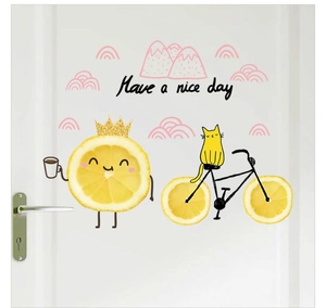 Detail of cartoon lemon cat wall sticker with Have a Nice Day text on white door