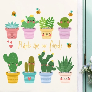Adesivi murali con piante grasse cartone animato e testo Plants Are Our Friends