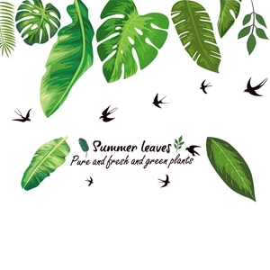 Tropical green leaves wall stickers with birds and Summer Leaves text for home decor